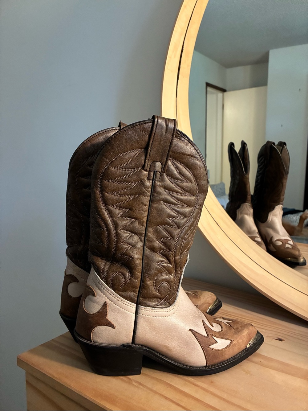 Two-Tone Brown and Cream Leather Western Boots